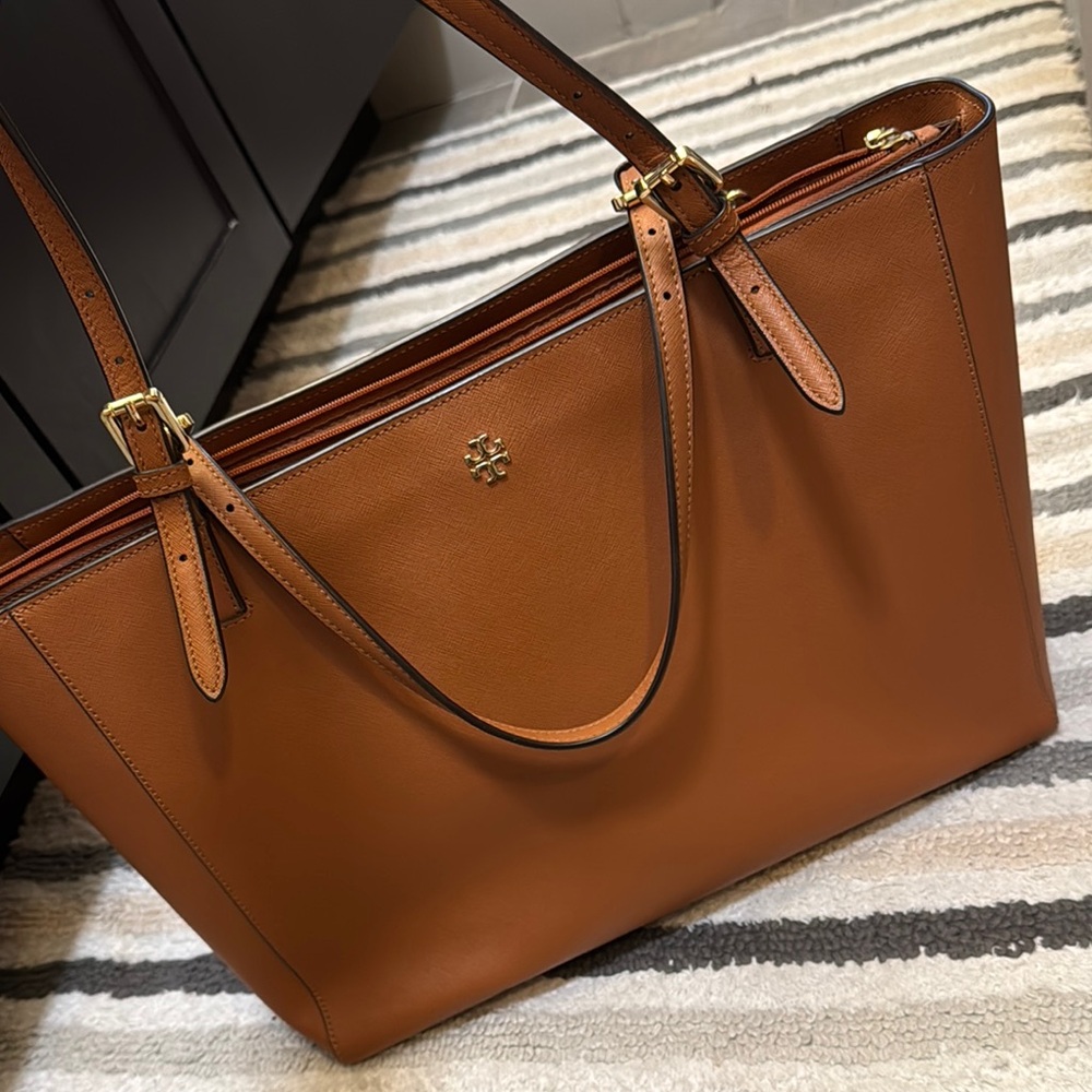 large tory burch work tote with zipped laptop sleeve